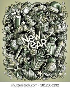 Cartoon vector doodles New Year illustration. Monochrome, detailed, with lots of objects background. All objects separate. Toned Christmas funny picture
