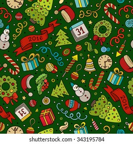 Cartoon vector doodles New Year and Christmas seamless pattern