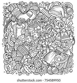 Cartoon vector doodles New Year illustration. Line art, detailed, with lots of objects background. All objects separate. Contour Christmas funny picture