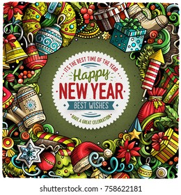 Cartoon vector doodles New Year illustration. Colorful, detailed, with lots of objects background. All objects separate. Bright colors Christmas funny picture