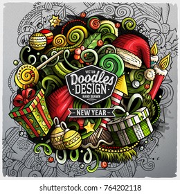 Cartoon vector doodles New Year illustration. Colorful, detailed, with lots of objects background. All objects separate. Christmas funny grunge artwork