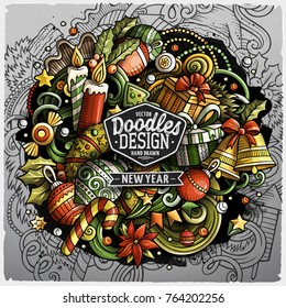 Cartoon vector doodles New Year illustration. Colorful, detailed, with lots of objects background. All objects separate. Christmas funny grunge artwork