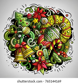 Cartoon vector doodles New Year illustration. Colorful, detailed, with lots of objects background. All objects separate. Christmas funny artwork