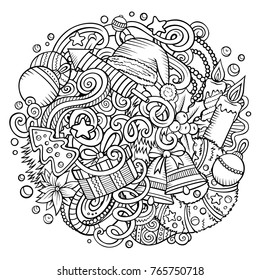 Cartoon vector doodles New Year illustration. Line art, detailed, with lots of objects background. All objects separate. Christmas funny artwork