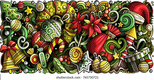 Cartoon vector doodles New Year horizontal stripe illustration. Colorful detailed, with lots of objects illustration. All items are separate