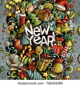 Cartoon vector doodles New Year illustration. Colorful, detailed, with lots of objects background. All objects separate. Bright colors Christmas funny picture