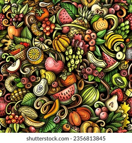 Cartoon vector doodles on the subject of Fresh Fruits seamless pattern features a variety of fruity objects and symbols. Whimsical playful colorful background