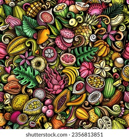 Cartoon vector doodles on the subject of Exotic Fruits seamless pattern features a variety of tropical fruity objects and symbols. Whimsical playful colorful background