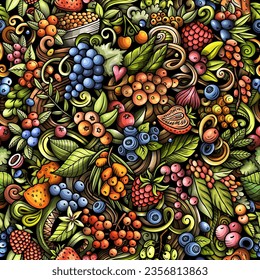 Cartoon vector doodles on the subject of Berry Fruits seamless pattern features a variety of berries objects and symbols. Whimsical playful colorful background