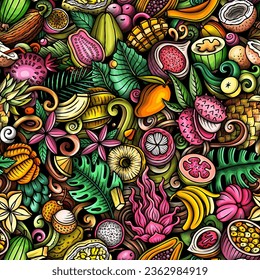 Cartoon vector doodles on the subject of Exotic Fruits seamless pattern features a variety of tropical fruity objects and symbols. Whimsical playful colorful background