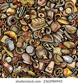Cartoon vector doodles on the subject of bakery seamless pattern features a variety of bakery-related objects and symbols. Whimsical playful baked goods colorful background
