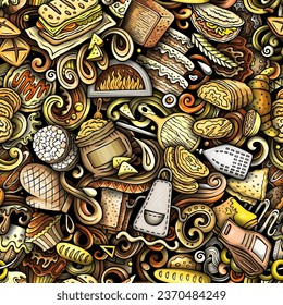 Cartoon vector doodles on the subject of bakery seamless pattern features a variety of bakery-related objects and symbols. Whimsical playful baked goods colorful background