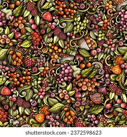 Cartoon vector doodles on the subject of Berry Fruits seamless pattern features a variety of berries objects and symbols. Whimsical playful colorful background
