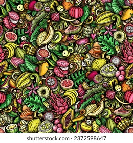 Cartoon vector doodles on the subject of Exotic Fruits seamless pattern features a variety of tropical fruity objects and symbols. Whimsical playful colorful background