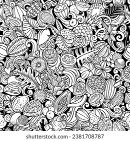 Cartoon vector doodles on the subject of Exotic Fruits seamless pattern features a variety of tropical fruity objects and symbols. Whimsical playful sketchy background. NOT AI