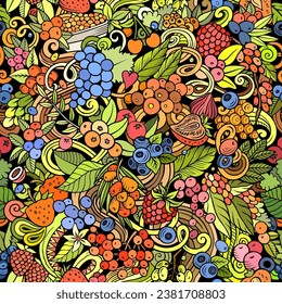 Cartoon vector doodles on the subject of Berry Fruits seamless pattern features a variety of berries objects and symbols. Whimsical playful colorful background . NOT AI