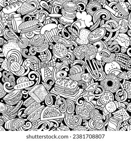 Cartoon vector doodles on the subject of bakery seamless pattern features a variety of bakery-related objects and symbols. Whimsical playful baked goods sketchy background. NOT AI