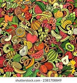 Cartoon vector doodles on the subject of Fresh Fruits seamless pattern features a variety of fruity objects and symbols. Whimsical playful colorful background. NOT AI