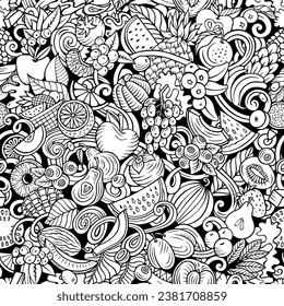 Cartoon vector doodles on the subject of Fresh Fruits seamless pattern features a variety of fruity objects and symbols. Whimsical playful sketchy background. NOT AI