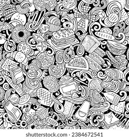 Cartoon vector doodles on the subject of bakery seamless pattern features a variety of bakery-related objects and symbols. Whimsical playful baked goods sketchy background