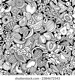 Cartoon vector doodles on the subject of Fresh Fruits seamless pattern features a variety of fruity objects and symbols. Whimsical playful sketchy background