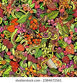 Cartoon vector doodles on the subject of Berry Fruits seamless pattern features a variety of berries objects and symbols. Whimsical playful colorful background 