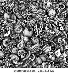 Cartoon vector doodles on the subject of Fresh Fruits seamless pattern features a variety of fruity objects and symbols. Whimsical playful monochrome background. Hand drawn, not AI