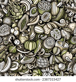 Cartoon vector doodles on the subject of Exotic Fruits seamless pattern features a variety of tropical fruity objects and symbols. Whimsical playful monochrome background. Hand drawn, not AI