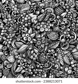 Cartoon vector doodles on the subject of Berry Fruits seamless pattern features a variety of berries objects and symbols. Whimsical playful monochrome background 