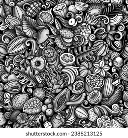 Cartoon vector doodles on the subject of Exotic Fruits seamless pattern features a variety of tropical fruity objects and symbols. Whimsical playful monochrome background 