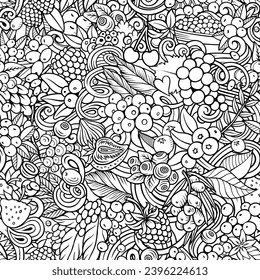 Cartoon vector doodles on the subject of Berry Fruits seamless pattern features a variety of berries objects and symbols. Whimsical playful sketchy background