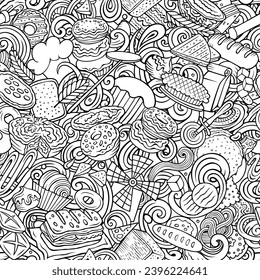 Cartoon vector doodles on the subject of bakery seamless pattern features a variety of bakery-related objects and symbols. Whimsical playful baked goods sketchy background