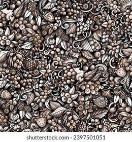 Cartoon vector doodles on the subject of Berry Fruits seamless pattern features a variety of berries objects and symbols. Whimsical playful monochrome background
