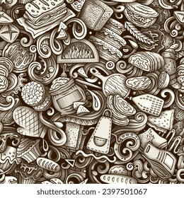 Cartoon vector doodles on the subject of bakery seamless pattern features a variety of bakery-related objects and symbols. Whimsical playful baked goods monochrome background