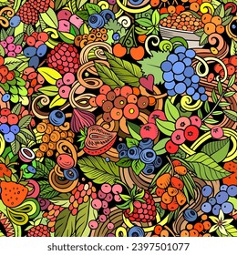 Cartoon vector doodles on the subject of Berry Fruits seamless pattern features a variety of berries objects and symbols. Whimsical playful colorful background