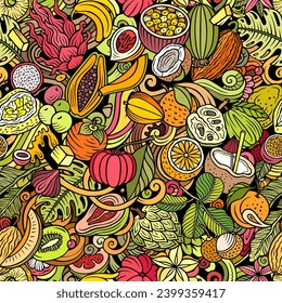 Cartoon vector doodles on the subject of Exotic Fruits seamless pattern features a variety of tropical fruity objects and symbols. Whimsical playful colorful background 