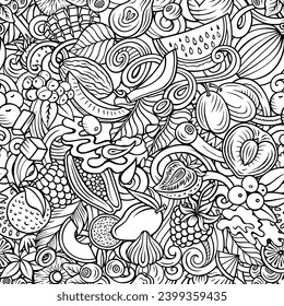 Cartoon vector doodles on the subject of Fresh Fruits seamless pattern features a variety of fruity objects and symbols. Whimsical playful sketchy background