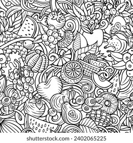 Cartoon vector doodles on the subject of Fresh Fruits seamless pattern features a variety of fruity objects and symbols. Whimsical playful sketchy background