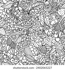 Cartoon vector doodles on the subject of Berry Fruits seamless pattern features a variety of berries objects and symbols. Whimsical playful sketchy background