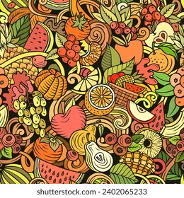 Cartoon vector doodles on the subject of Fresh Fruits seamless pattern features a variety of fruity objects and symbols. Whimsical playful colorful background 