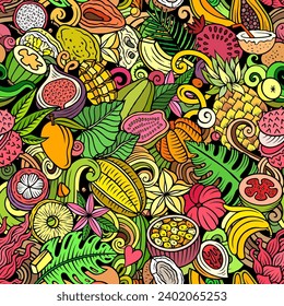 Cartoon Vektordoodles zum Thema Exotic Fruits nahtlos Muster verfügt über eine Vielzahl von tropischen fruchtigen Objekten und Symbolen. Whimsikaler, spielerischer, bunter Hintergrund 