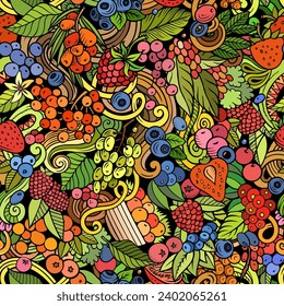 Cartoon vector doodles on the subject of Berry Fruits seamless pattern features a variety of berries objects and symbols. Whimsical playful colorful background 