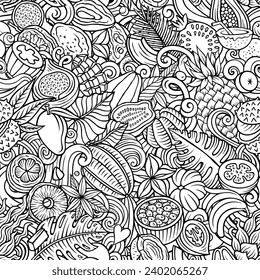 Cartoon vector doodles on the subject of Exotic Fruits seamless pattern features a variety of tropical fruity objects and symbols. Whimsical playful sketchy background