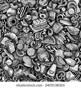 Cartoon vector doodles on the subject of bakery seamless pattern features a variety of bakery-related objects and symbols. Whimsical playful baked goods monochrome background