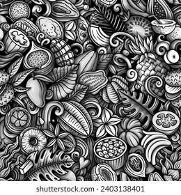 Cartoon vector doodles on the subject of Exotic Fruits seamless pattern features a variety of tropical fruity objects and symbols. Whimsical playful monochrome background 