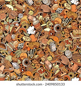Cartoon vector doodles on the subject of bakery seamless pattern features a variety of bakery-related objects and symbols. Whimsical playful baked goods colorful background