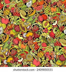 Cartoon vector doodles on the subject of Fresh Fruits seamless pattern features a variety of fruity objects and symbols. Whimsical playful colorful background