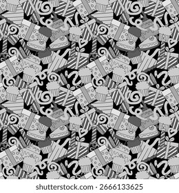 Cartoon vector doodles on the subject of Birthday seamless pattern features a variety of birthday objects and symbols.
