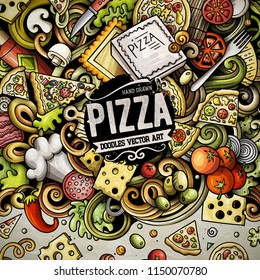 Cartoon vector doodles Pizza frame. Colorful, detailed, with lots of objects background. All objects separate. Bright colors pizzeria funny border