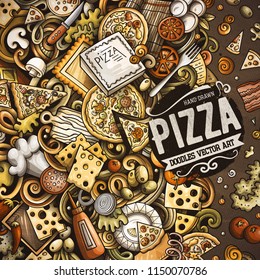 Cartoon vector doodles Pizza frame. Colorful, detailed, with lots of objects background. All objects separate. Bright colors pizzeria funny border